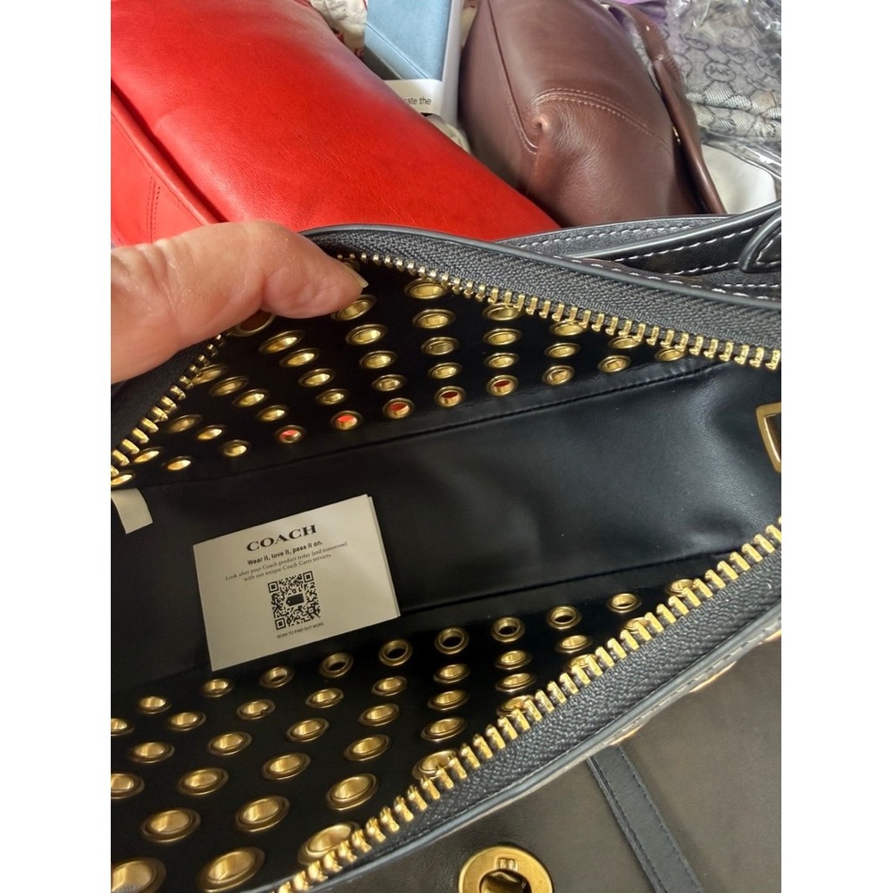 Coach Black Leather Grommet Shoulder Bag Gold Studs CY646 NWT - Picture 3 of 11